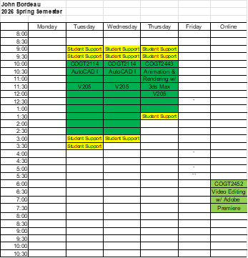 Spring semester student support hours