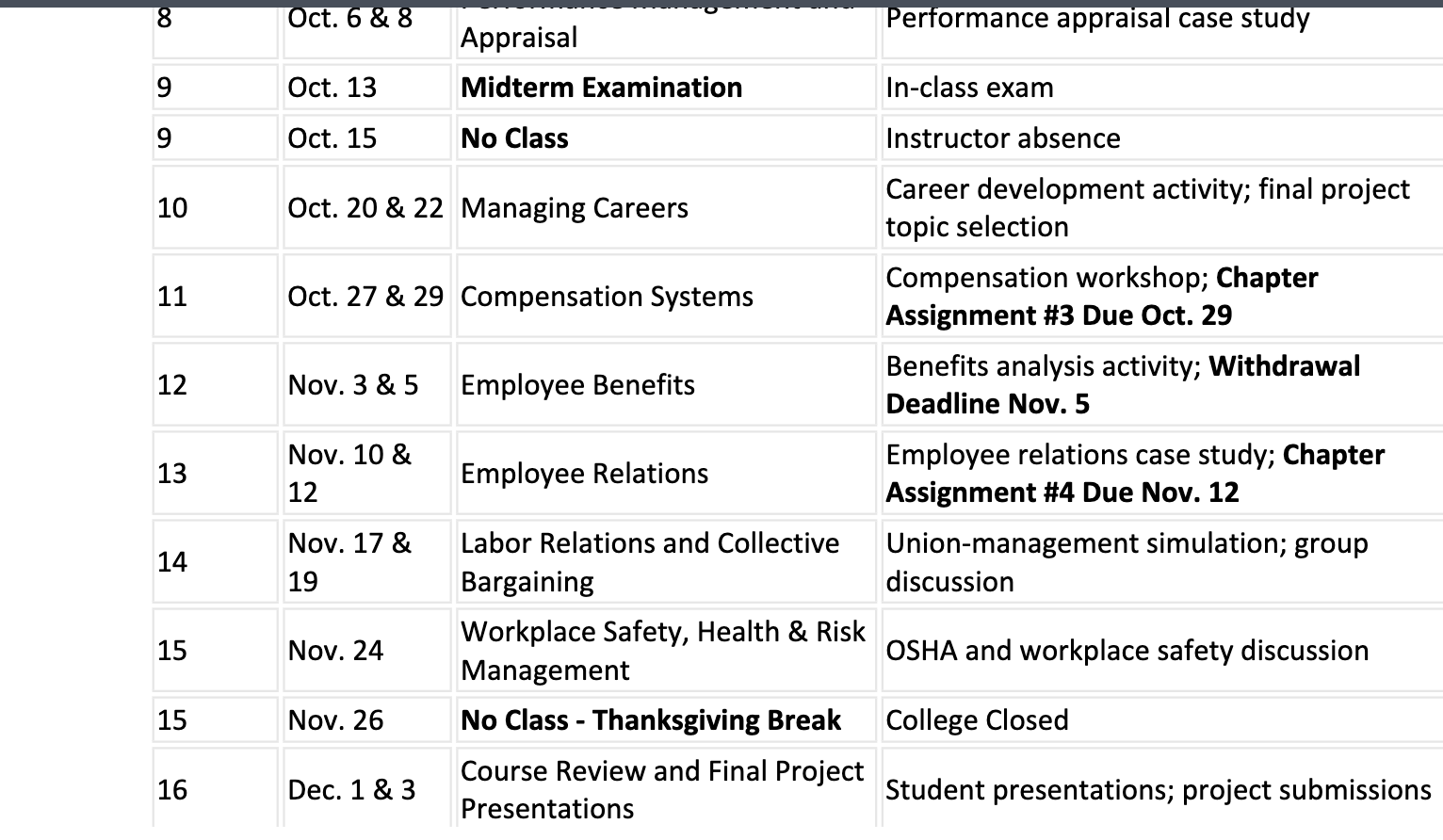 Course Calendar